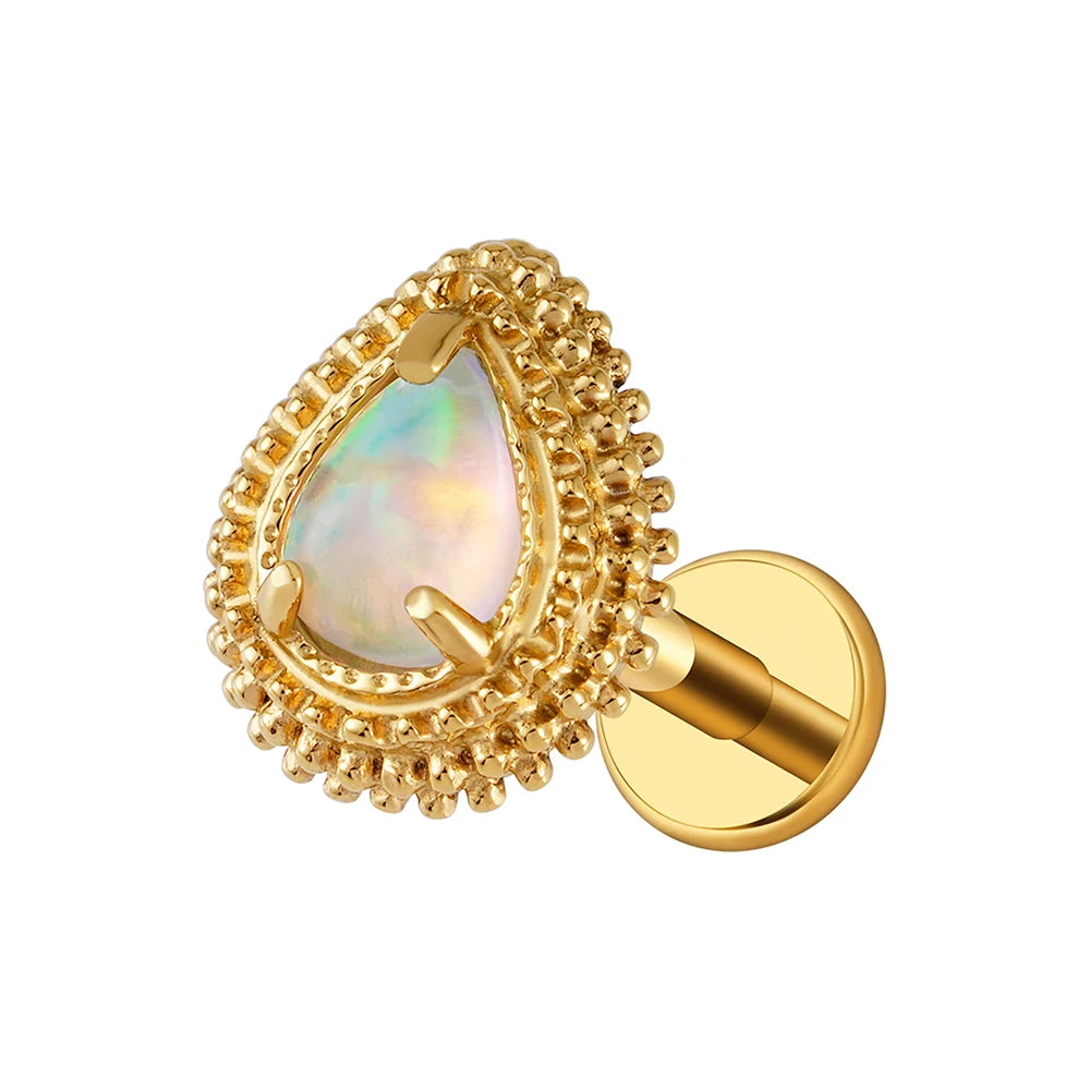 Right Grand ASTM F136 Titanium Pear Teardrop Opal& CZ Piercing Jewelry Flat Back Stud Cartilage Earring for Conch Helix Tragus
