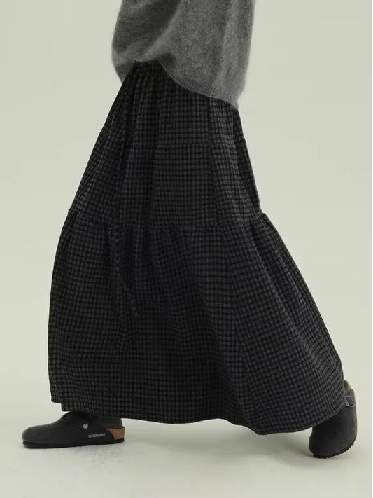 Women's Retro Patchwork Plaid A-Line Midi Skirt Elastic Waist Slimming Versatile Large Size Clothing Casual Long Skirts