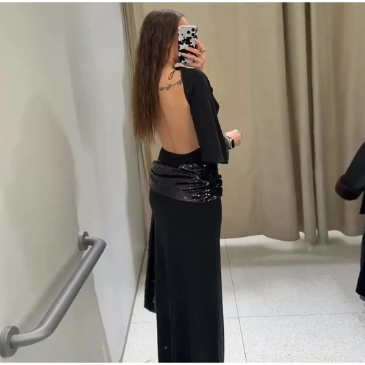 Women Backless Sequin Patchwork Maxi Dress Elegant Wide Sleeve Long Gowns Feminine New Fashion Evening Party Daily Robes