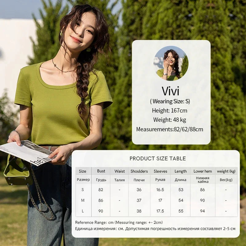 MISHOW Short Sleeve T-shirts Women Spring Solid Square-neck Top Elegant Woman Clothes Office Lady Cotton Tees MXC12T0641