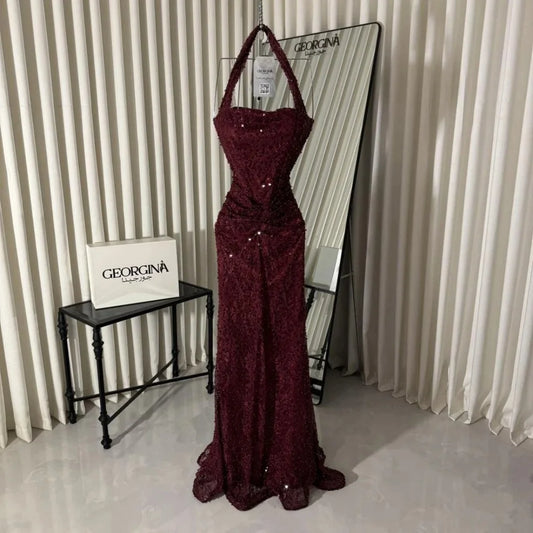 Amanda Customized Wine Red Halter Prom Dress Beaded High Waist Split Satin Lace vestidos de noche Slim Mermaid Formal Evening