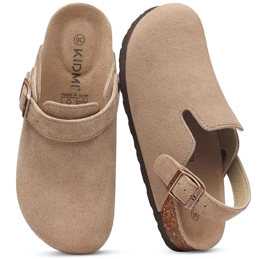 Evshine Women Suede Cork Slippers with Adjustbale Strap Comfy Arch Support Leather Mules Retro Men Potato Shoes Lady Cork Clogs