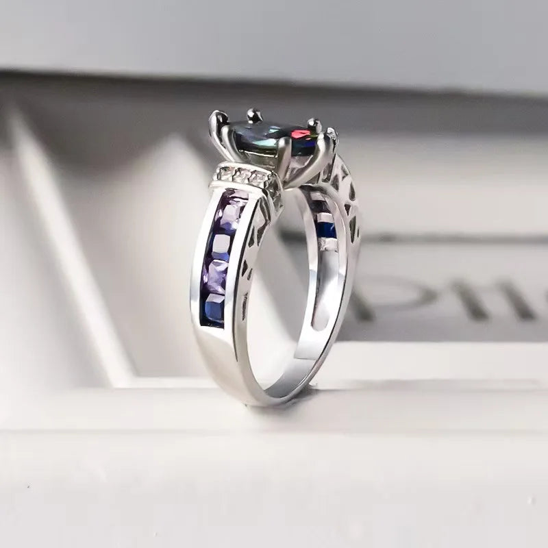 European and American exquisite, multi-colored, oval zirconia ring for women, stylish and trendy.