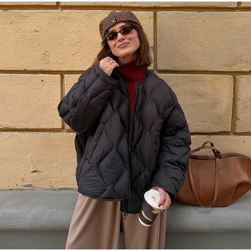 Elegant Women's Winter Jacket Casual Round Neck Zip-up Full Sleeve Loose Quilted Padded Coats New Fashion Warm Outwear 2026