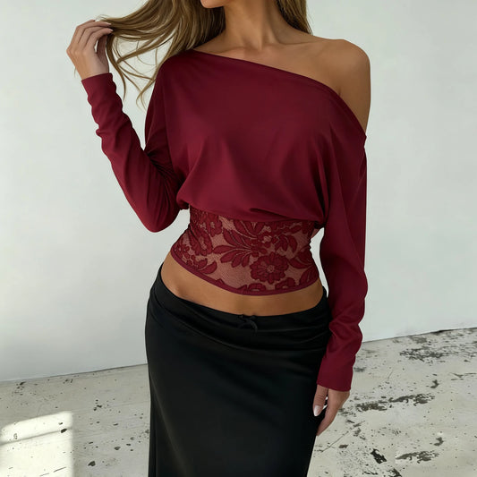 Elegant Patchwork Lace T-Shirt See Through Slim-Fitting Crew Neck Off-Shoulder Tees Women 2026 Fashion New (Two Design Styles)