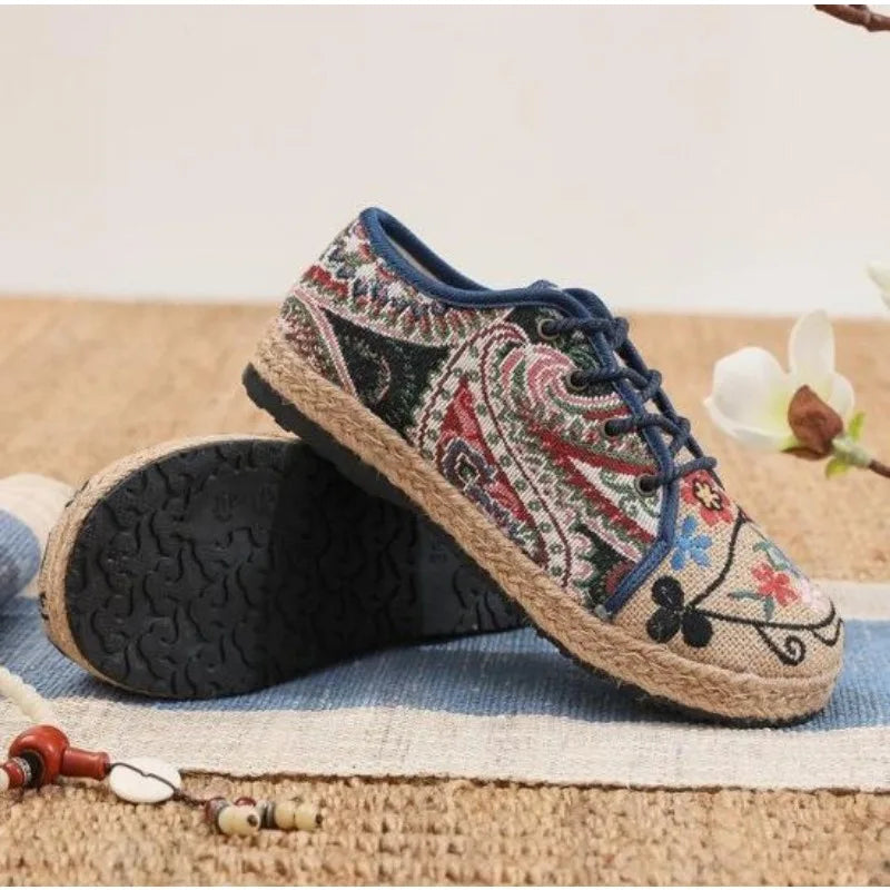 Women Shoes Round Head Cotton Linen Canvas Single National Woven Round Toe Lace Up Cloth Shoes Woman Flats Size 35-40