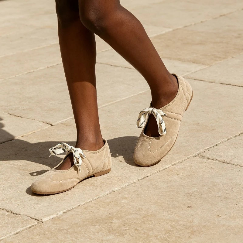 Fashion Round Toe Ballet Flats Women Lace-up Faux Suede Shallow Concise Soft Sole Mary Jane Shoes Women Casual Brand Shoes