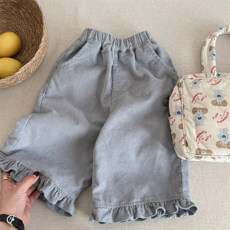 deer jonmi 2026 New Spring Baby Girls Wide Leg Pants Floral Printed Korean Style Corduroy Ruffles Toddlers Kids Casual Trousers
