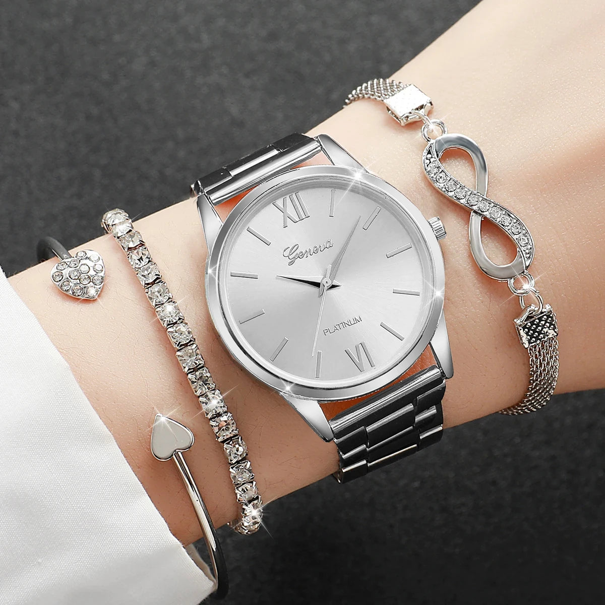 4PCS/Set Fashion Rhinestone Women Watches Luxury Steel Band Ladies Quartz Watch Bracelets Set Reloj Mujer(Without Box)