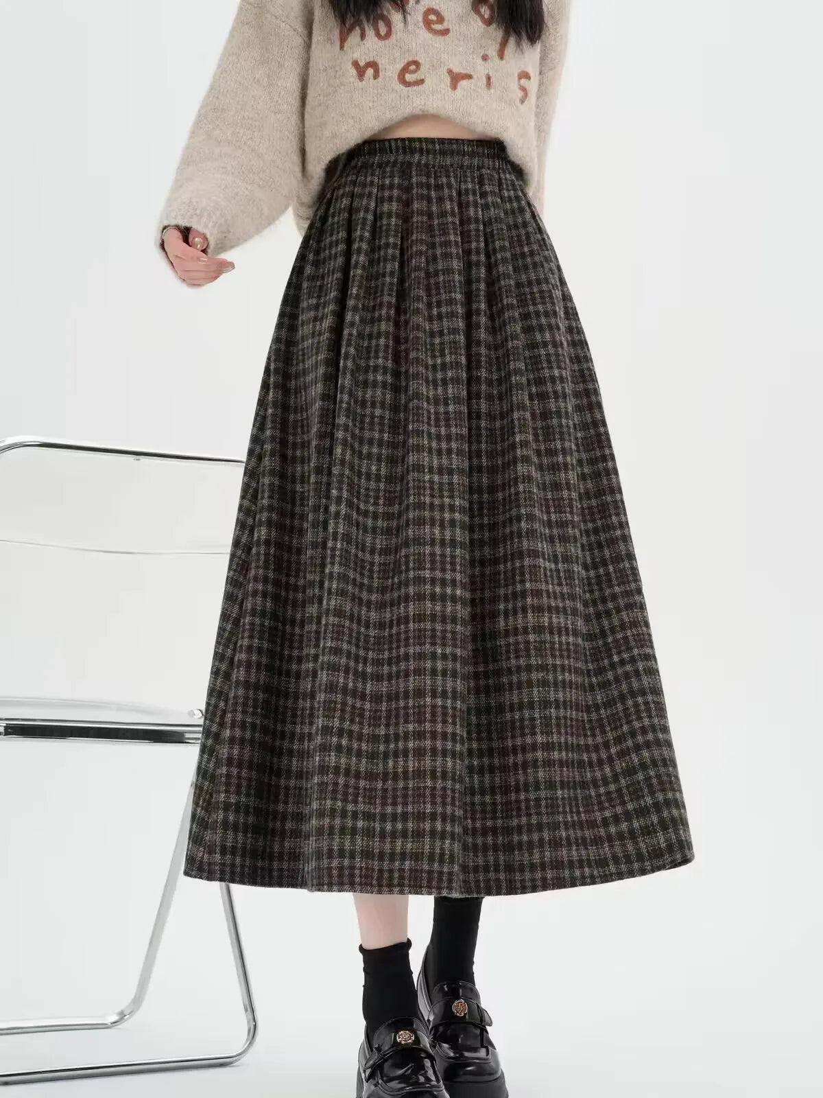 High Waist Plaid Woolen A-Line Skirt plus Size Autumn Winter New Style Retro Artistic Half-length Skirts for Women