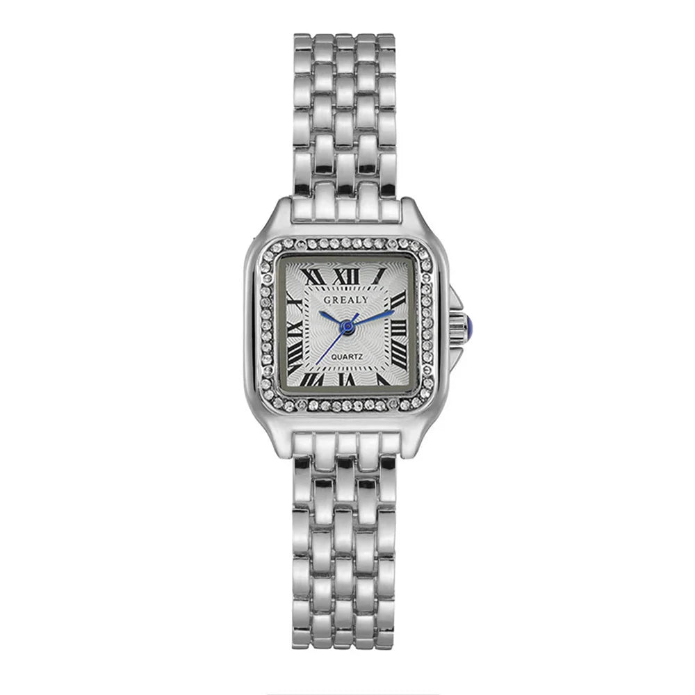 Luxury Women's Watches Fashion Rhinestone Roman Square Lady Quartz Watch Business Stainless Steel Gold Gift Wristwatches