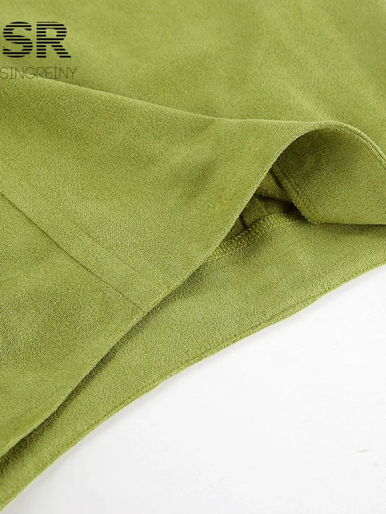 SINGREINY Avocado Green Suede Long Skirt Women Newest 2026 Autumn Minimalist Y2K Vintage Solid Warm Split Midi Skirts