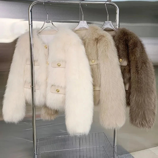 Women's Cropped Faux Fur Button-Front Jacket