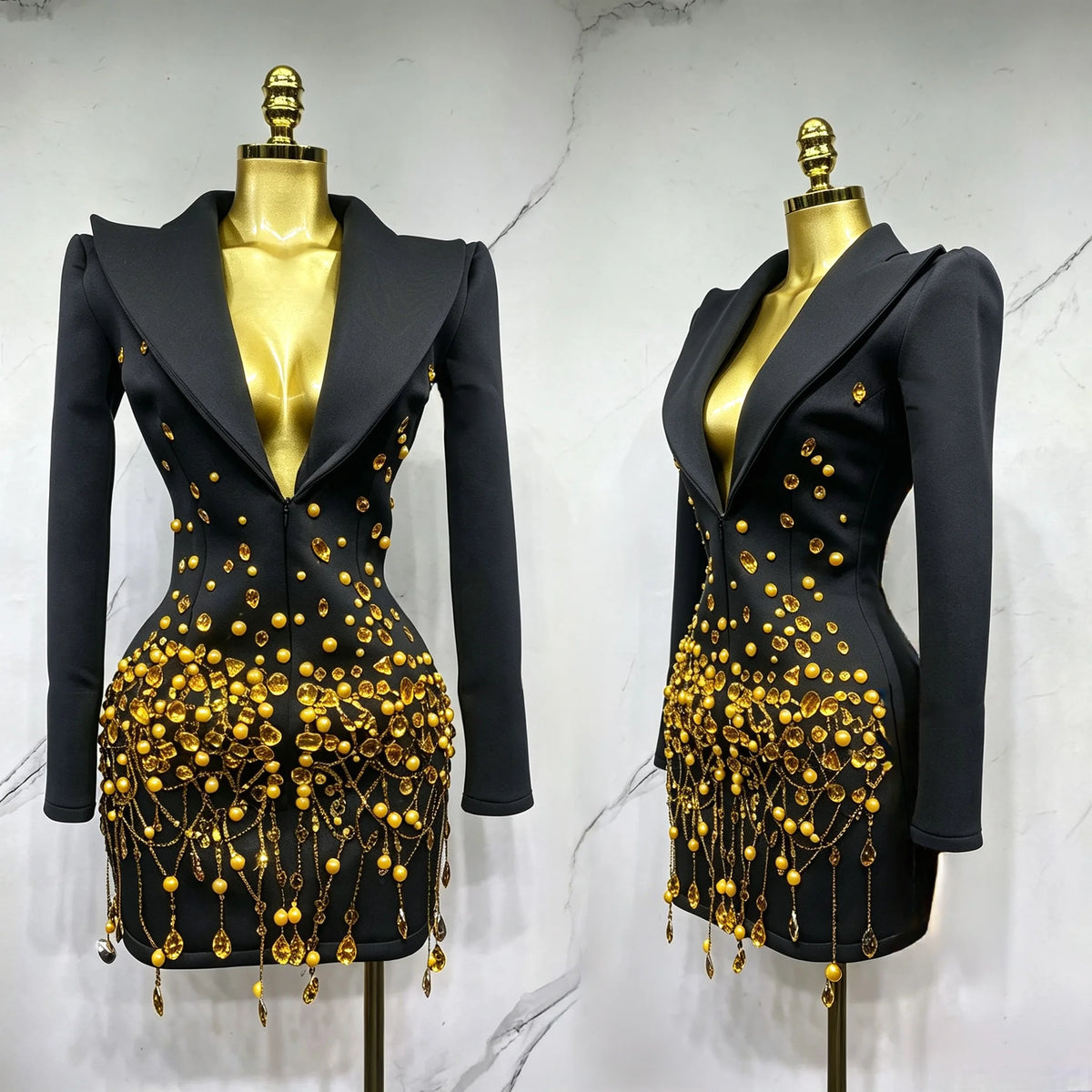 Sparkly Crystal Chains Pearls Long Sleeve Mini Dress Women Birthday Evening Party Nightclub Outfit Singer Wedding Costume
