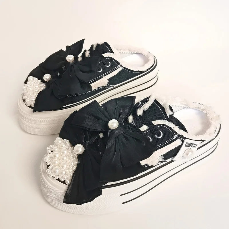 High Quality Shiny Sequined Slippers Flat Shoes Crystal Pearl Studs Canvas Shoes Loafers Shiny Women's Vulcanized Slippers