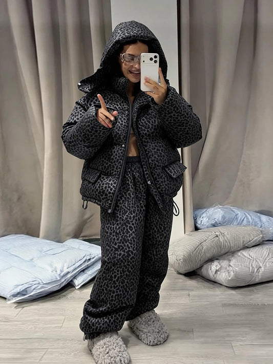 Leopard‑Print Hooded Puffer Coat Zip‑Up Loose‑Fit 2026 Winter Women Warm Outfit Warm Casual Lady Cotton‑Padded Two‑Piece Set
