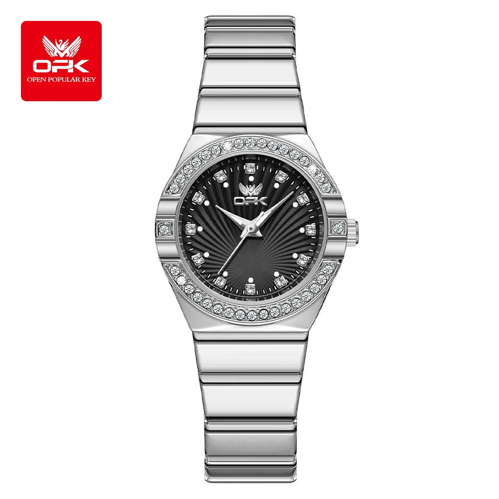 OPK 6042 Women's Quartz Watches Elegant Fashion Stainless Steel Strap Waterproof Luminous Diamond Dial Ladies Dress Wristwatches