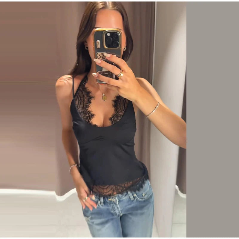 Lace Patchwork V-Neck Spaghetti Strap Sheer Mesh Bodysuit Fitted 2026 Summer Women Mesh Top Delicate Elegant Lady Bodysuit