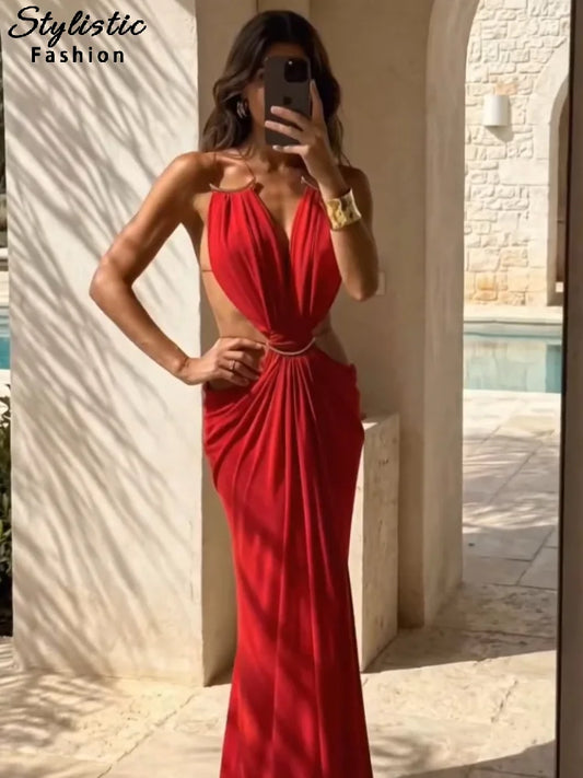 Sexy Hallow Out Long Party Dress Women Slim Sleeveless Backless Chic Pleated V-neck Ring Dresses Female 2026 Summer Lady Robe