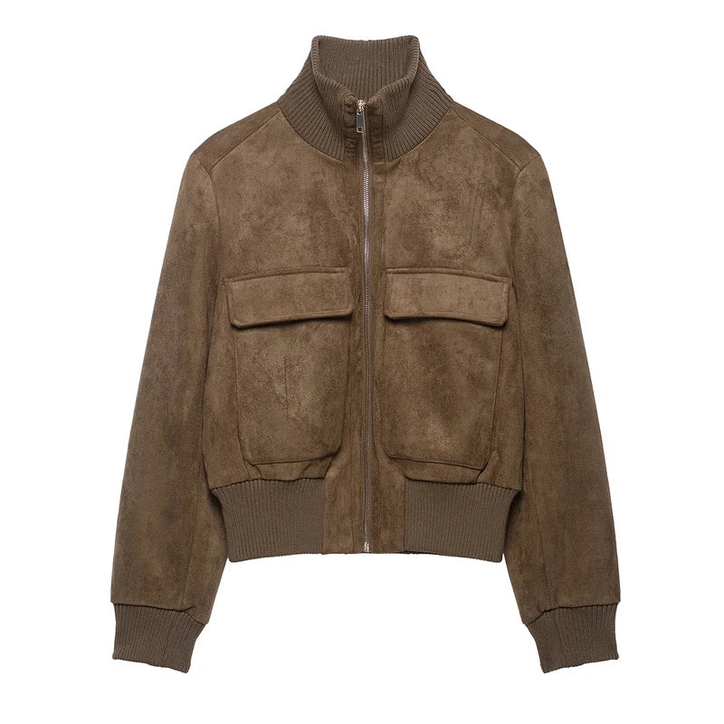 Women's Cropped Bomber Jacket Stand Collar Zipper Patch Pocket Rib Trim Long Sleeve Short Coat Vintage 2026 Autumn Casual Outfit