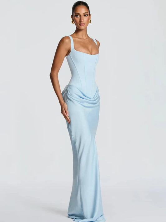 Solid Pleated Sling Dress Women Square Neck Sleeveless Backless Waist Cinching Bodycon Dresses Lady Summer Evening Party Gowns