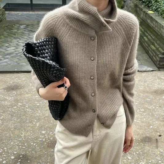 Korean Style High Neck Knitted Cardigans Vintage Casual Single Breasted Sweater Chic Solid Color Long Sleeved Knitwear Tops