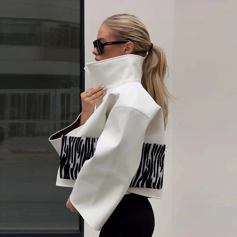 Loose Solid Women's Pu Leather Jacket Long Sleeve Stand Collar Lady Coats Crop Tops 2026 Autumn Fashion Female Street Outerwear