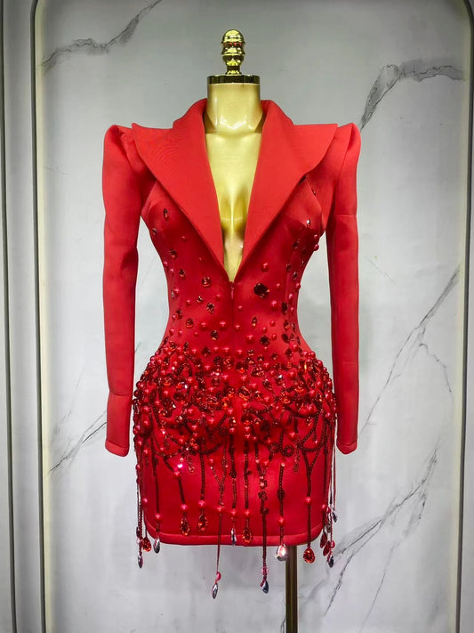 Sparkly Crystal Chains Pearls Long Sleeve Mini Dress Women Birthday Evening Party Nightclub Outfit Singer Wedding Costume