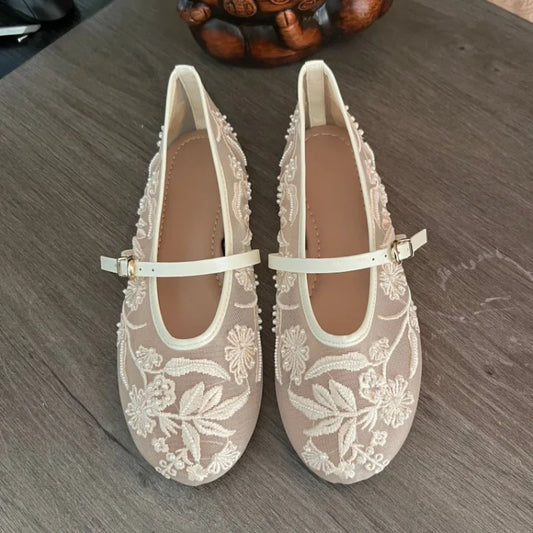 Women's Embroidered Mesh Mary Jane Flats