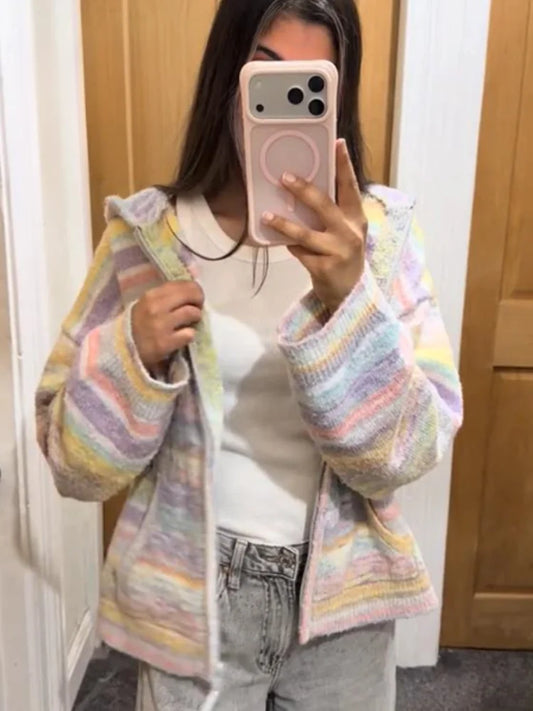 Women Marled Stripe Knit Jacket Pastel Hooded Zipper Long Sleeve Oversized Coat Lady 2026 Autumn Casual Beach Vacation Outerwear