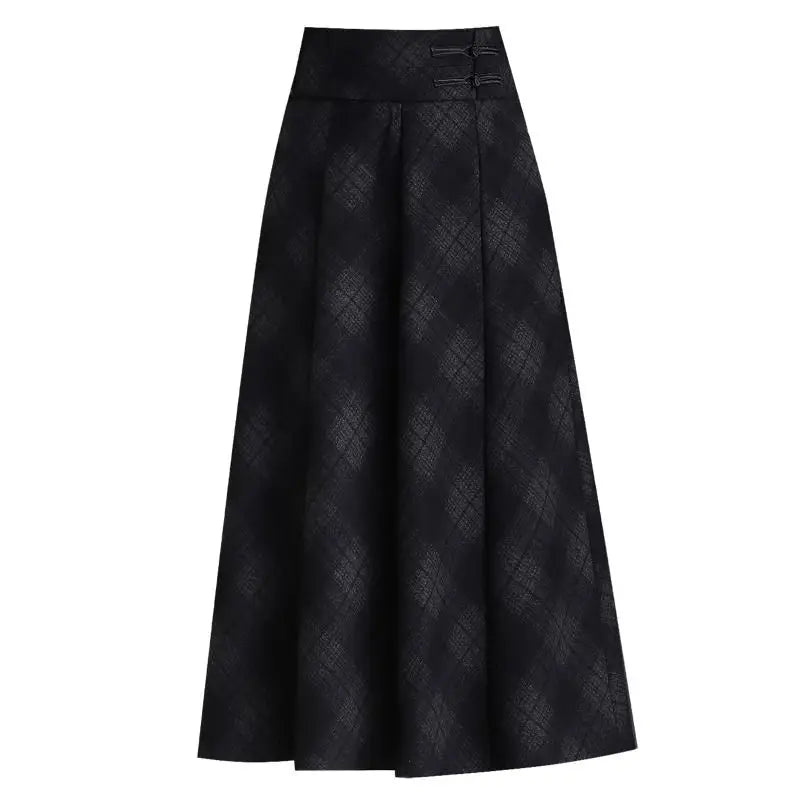 Womens Black Plaid Midi Skirt High Waist A Line Flared Skirt with Pockets Elegant Office Wear
