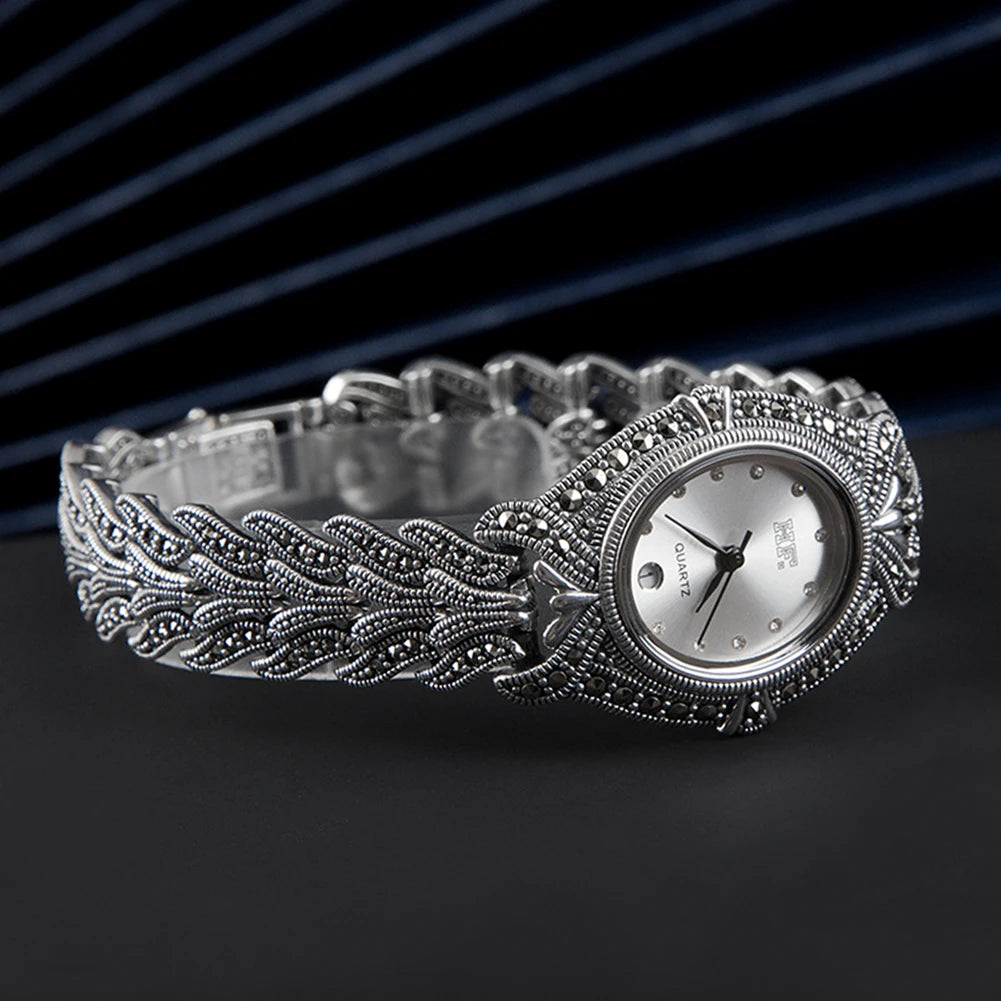 Thailand Silver Solid 925 Sterling Silver Marcasite Luxury Wrist Watches Jewelry Leopard Women's Quartz Watches New Trend