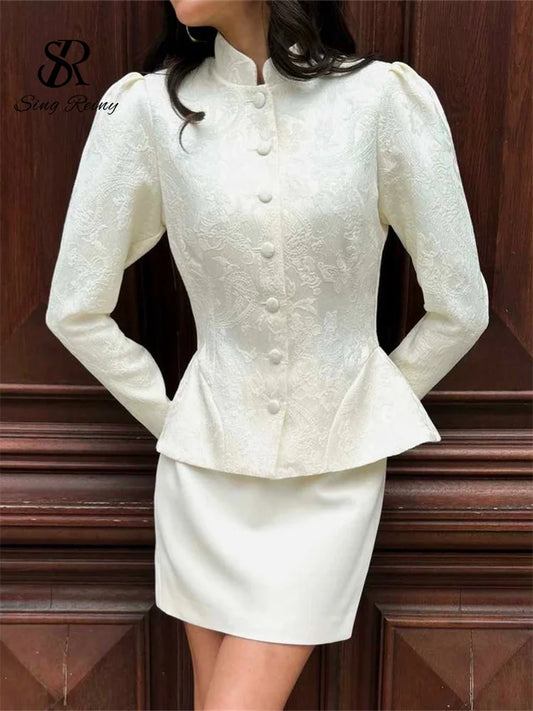 SINGREINY Jacquard Senior Blazer Autumn Stand Neck Full Sleeve Single Breast French Retro Coat Female Office Lady Slim Outerwear