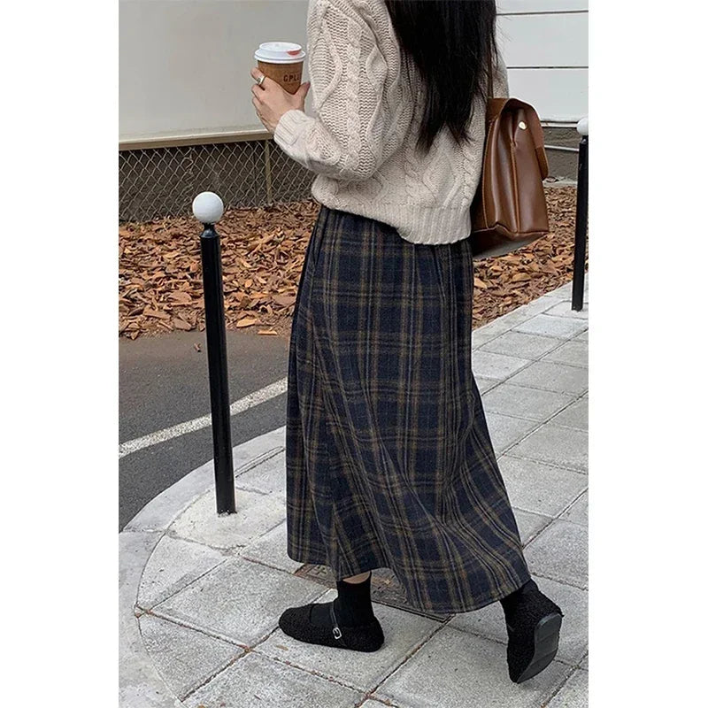Women's Navy Plaid A-Line Wool Skirt