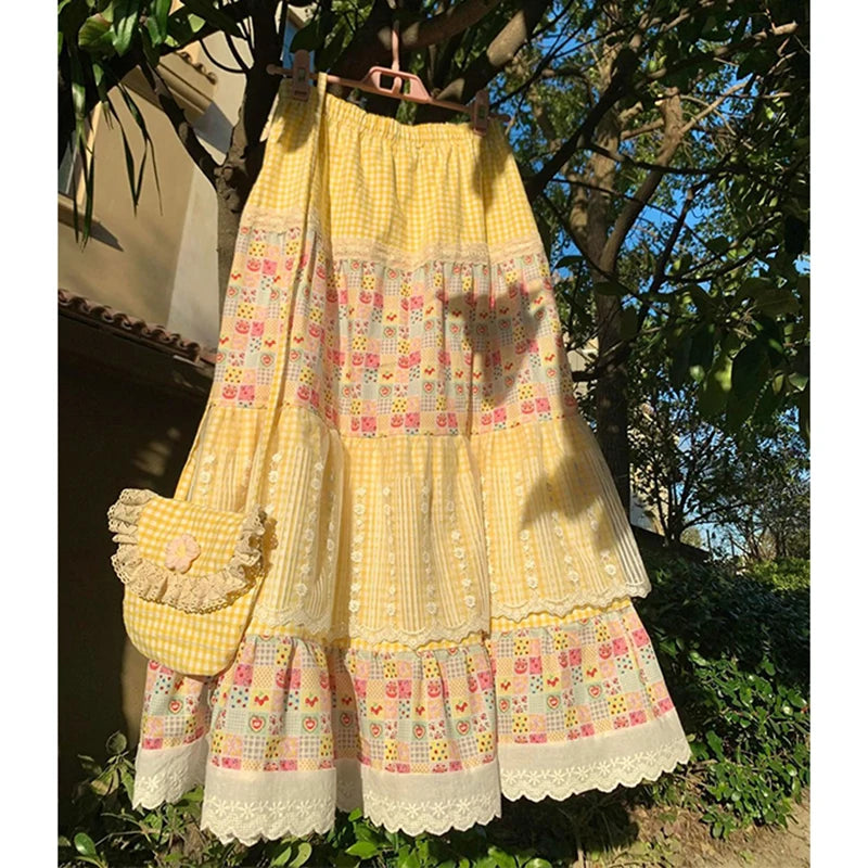 MEXZT Vintage Plaid Midi Skirt Women Japanese Harajuku Print Skirts Summer Y2K Boho Korean Lace Patchwork Casual Design Faldas