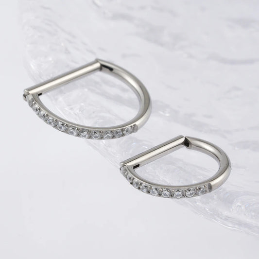 Right Grand ASTM F136 Titanium D Shape Septum Ring with CZ 16G Hinged Segment Clicker Hoop Conch Helix Piercing Body Jewelry