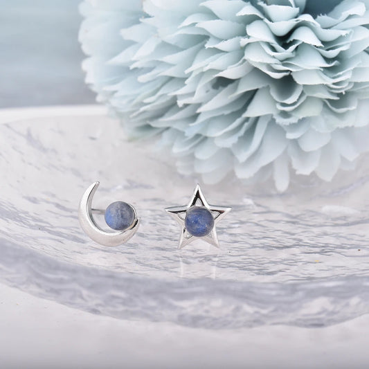 ITSMOS Natural Labradorite Moon Star Earrings Studs Handmade Polish Tarnish Resistant Earring for Women Jewelry Girl Gift