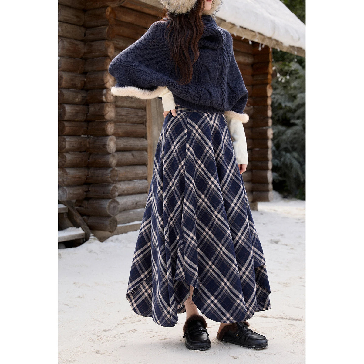 MISHOW Irregular Brushed Plaid Skirt for Women 2025 Winter Retro Blue Plaid Skirt Frayed Edge Midi A-line Skirts MXE86B2450