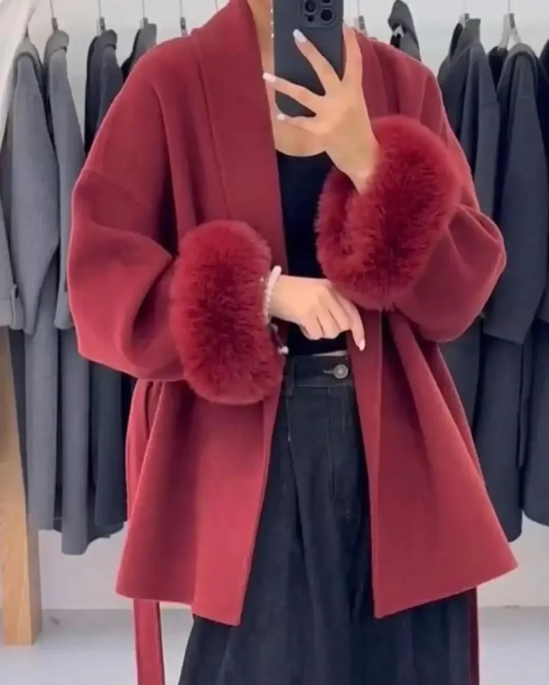 Retro Faux Fur Patchwork Woolen Maxi Coat Women Solid Full Sleeves V-neck Lace Up Loose Coats Lady Winter Commute Outwear New