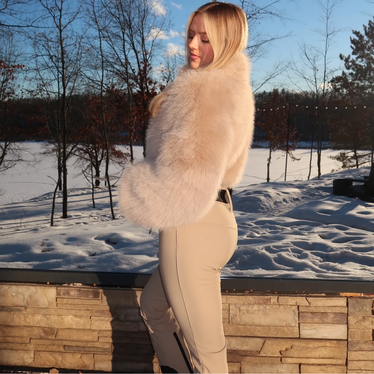 Faux Fur Top Splicing Womne's One Piece Skiwear Winter Warm Stand Collar Jacket Tight Flared Jumpsuit Outdoor Snowboard Clothing