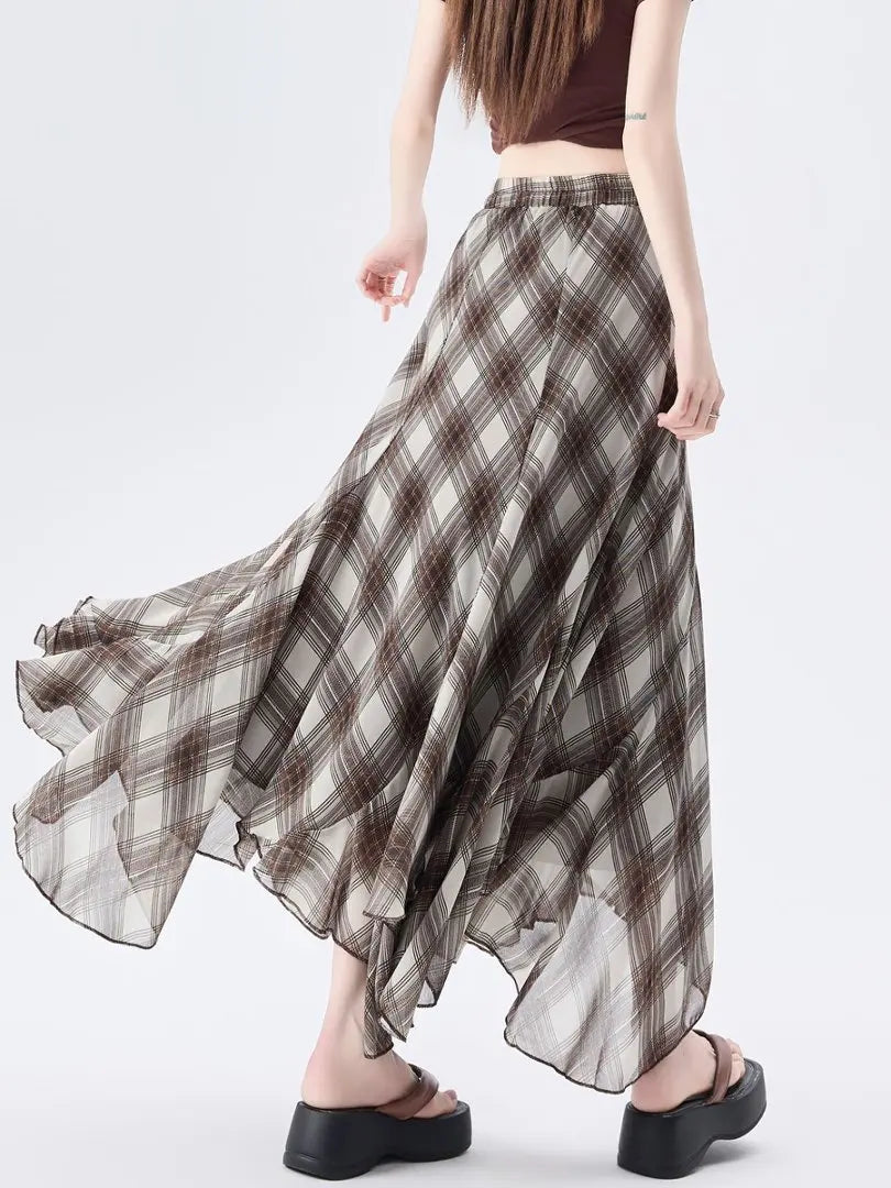 New Arrival Asymmetrical Plaid Chiffon Long Skirt For Women Summer Casual Loose Big Swing Beach Midi Skirts Lady