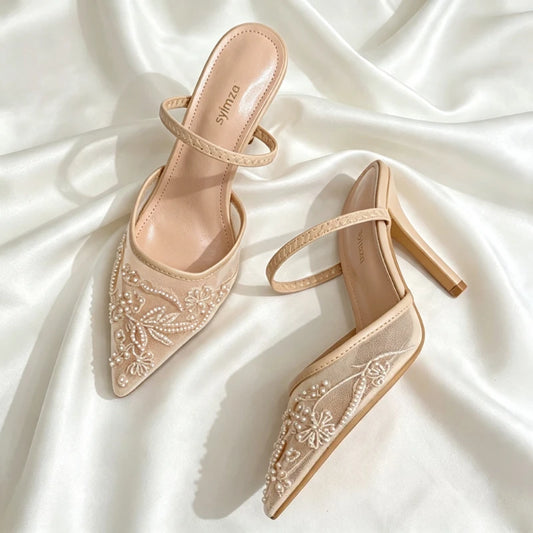 Women's Embroidered Mesh Slingback Heels
