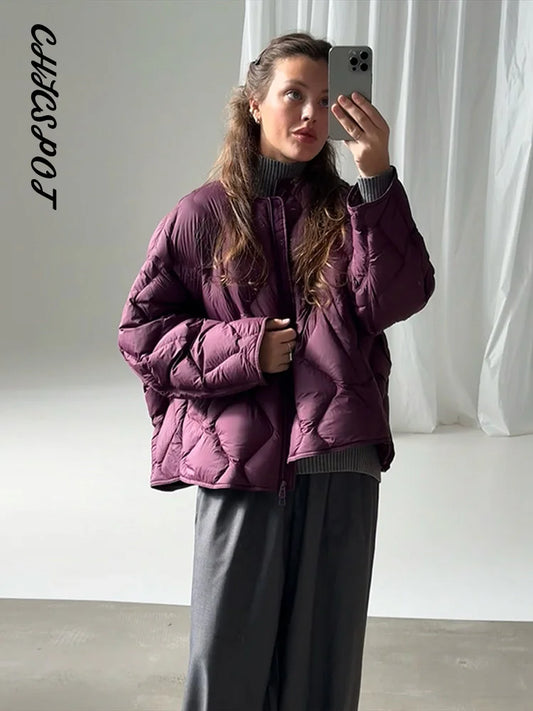 Women's Coats O-neck Grid Oversized Padded Jackets Autumn Female Round Neck Long Sleeve Zipper Solid Loose Jacket New Outerwears