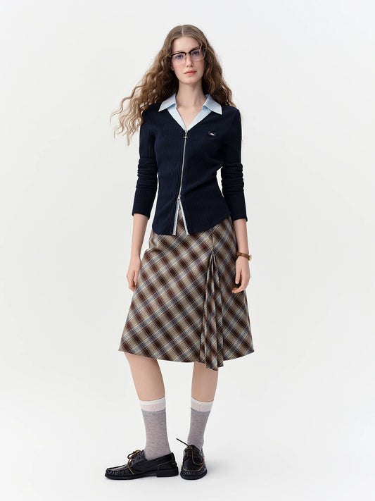 DUSHU 2026 Winter Women Blue Coffee Plaid A-Line Midi Skirt High Waist Tartan Flared Half Skirt Elegant Commute Casual Trendy