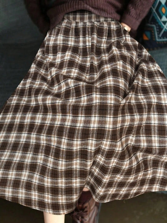 Womens Vintage Plaid Midi Skirt High Waist Elastic A Line Long Skirt Autumn Winter Casual