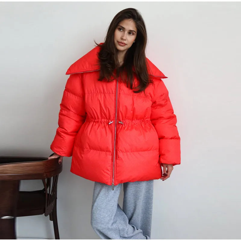Women Stand Collar Puffer Jacket Waist Cinched Zipper Long Sleeve Warm Padded Coat 2026 Winter Commuter Lady Quilted Outerwear