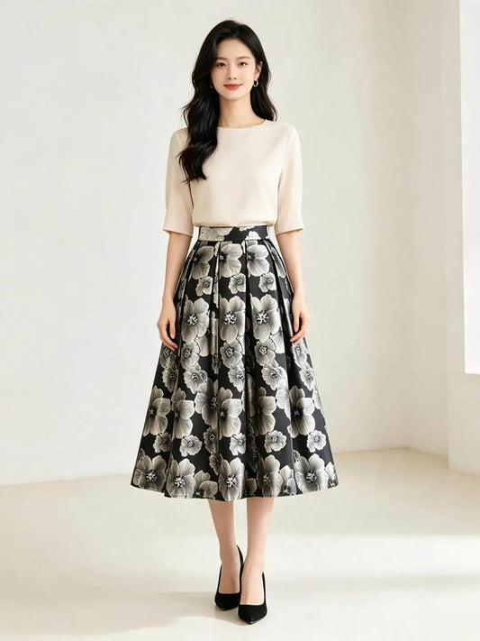 High Quality New Autumn Vintage Hepburn Embroidery Jacquard Puffy Skirt Elegant High Waist Mid-length Casual A-line Long Skirts