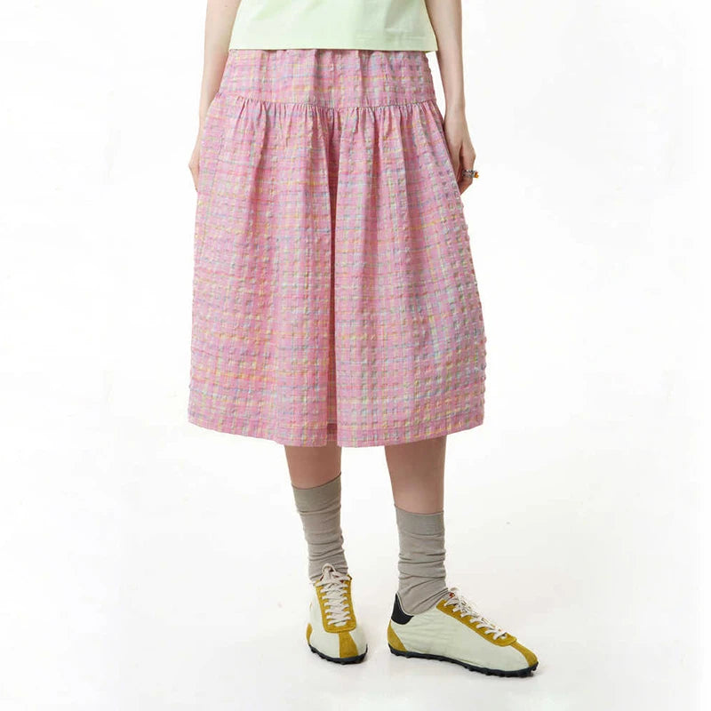 MOVEUP Casual Plaid Skirt 2026 Summer New Elastic Waistband Pocket Commuting Pleated Patchwork Loose A-Line Skirt 3ELX20627