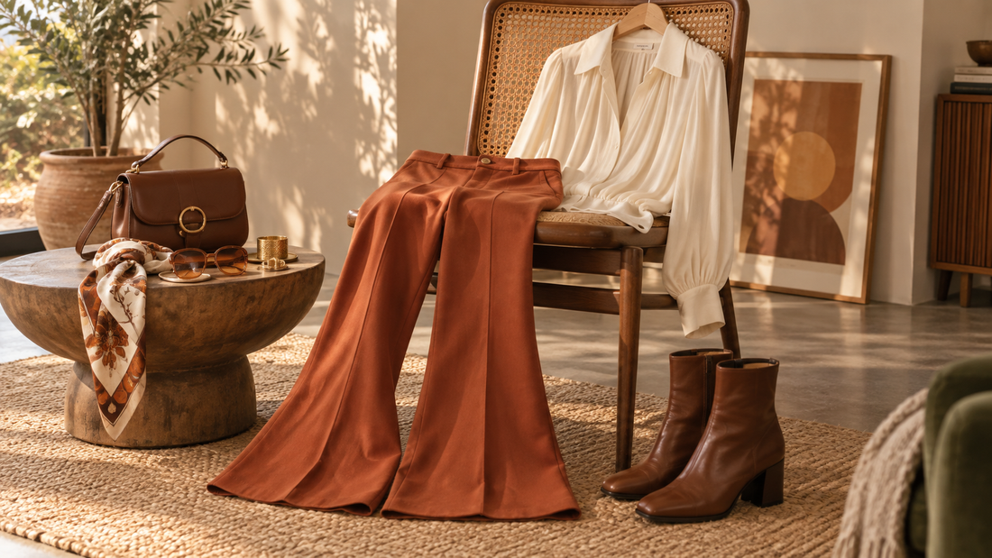 1970s-inspired rust flared trousers styled with a cream blouse and brown boots