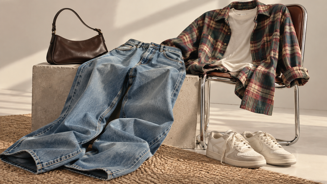 Relaxed denim and plaid pieces arranged in a 1990s-inspired look